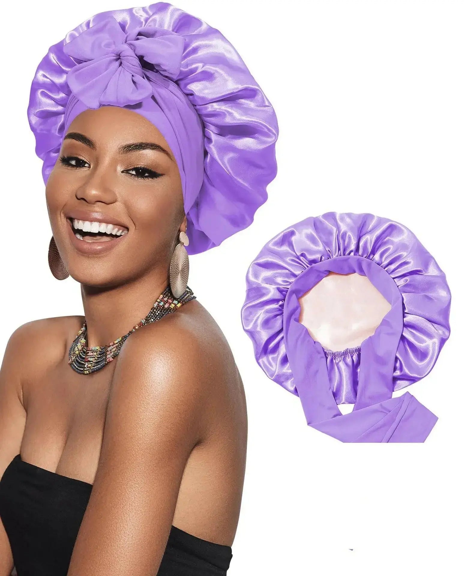 Double-layer satin ribbon hair bonnet by Plush Fashion Hub, round sleep cap designed for hair protection and gentle care.