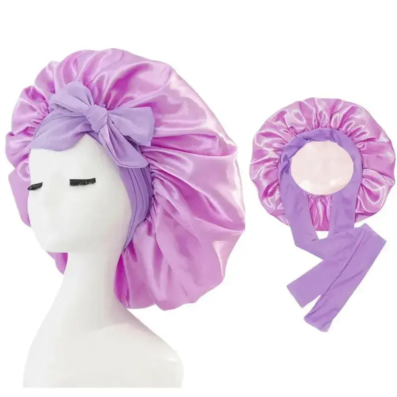 Double-layer satin ribbon hair bonnet by Plush Fashion Hub, round sleep cap designed for hair protection and gentle care.
