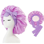 Double-layer satin ribbon hair bonnet by Plush Fashion Hub, round sleep cap designed for hair protection and gentle care.