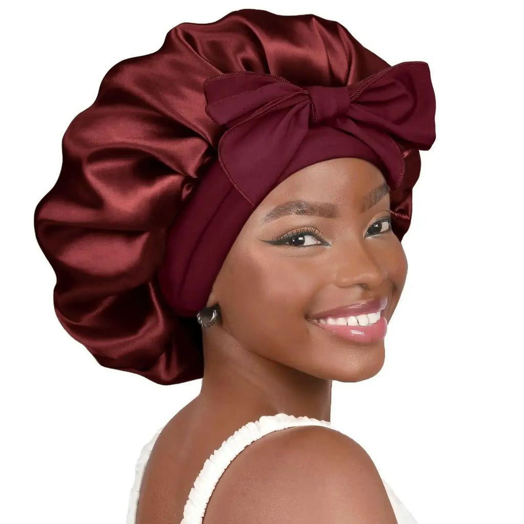 Double-layer satin ribbon hair bonnet by Plush Fashion Hub, round sleep cap with bow for hair protection and gentle sleep wear.