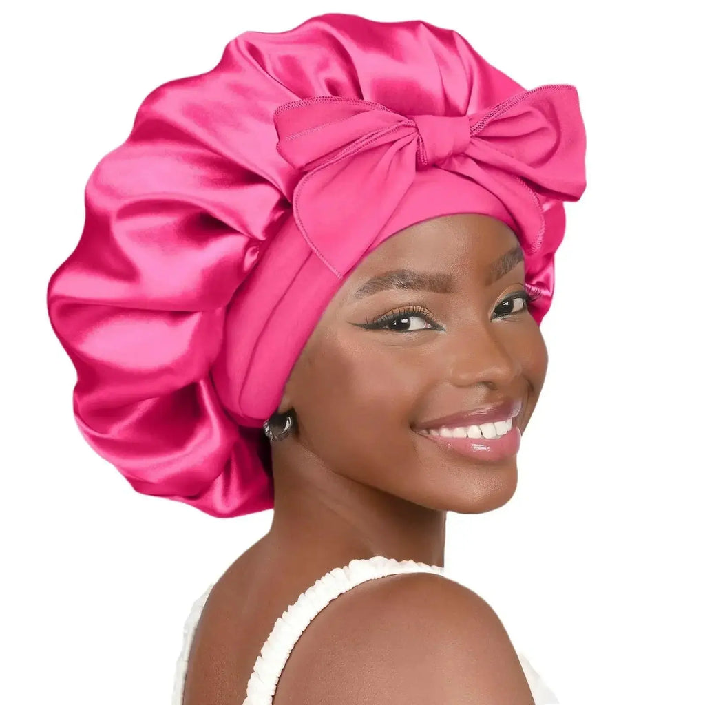 Double-layer satin ribbon hair bonnet by Plush Fashion Hub, round sleep cap with bow for hair protection and gentle sleep care.