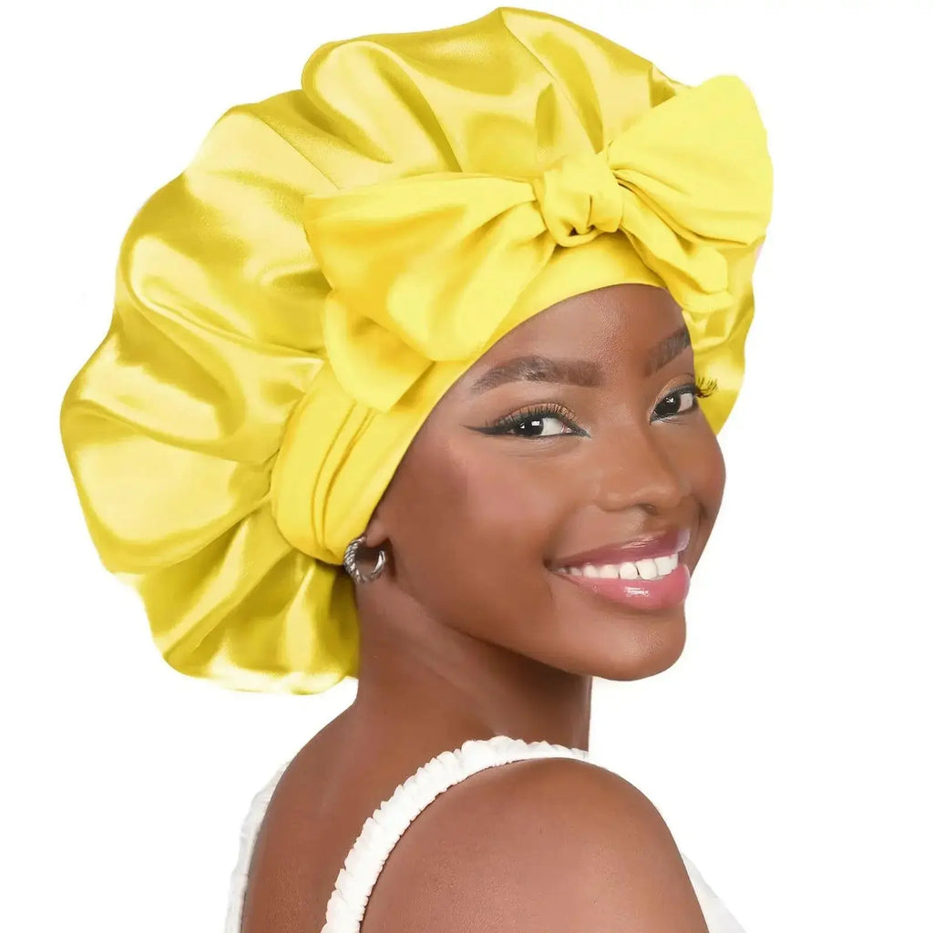 Double-layer satin ribbon hair bonnet by Plush Fashion Hub, round sleep cap for hair protection and gentle care.