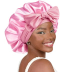 Double-layer ribbon satin hair bonnet by Plush Fashion Hub, round sleep cap with bow for gentle hair protection.