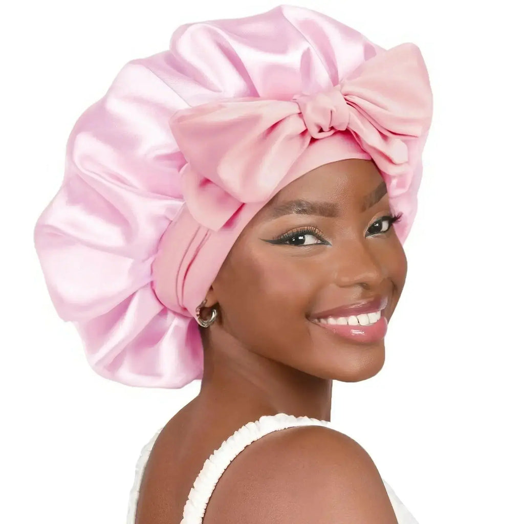 Double-layer satin ribbon hair bonnet by Plush Fashion Hub, round sleep cap designed for hair protection and gentle sleep care.