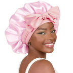 Double-layer satin ribbon hair bonnet by Plush Fashion Hub, round sleep cap designed for hair protection and gentle sleep care.