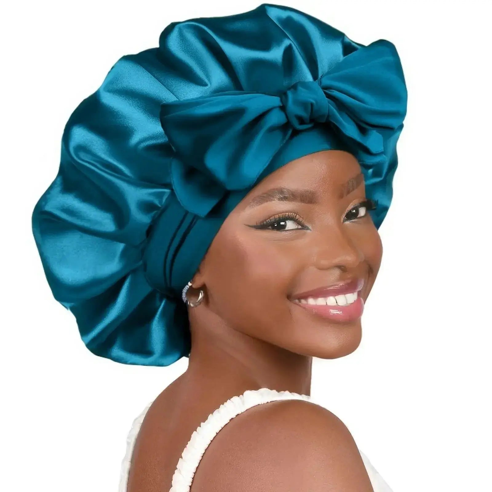 Double-layer satin ribbon hair bonnet by Plush Fashion Hub, round sleep cap designed for hair protection and gentle care.