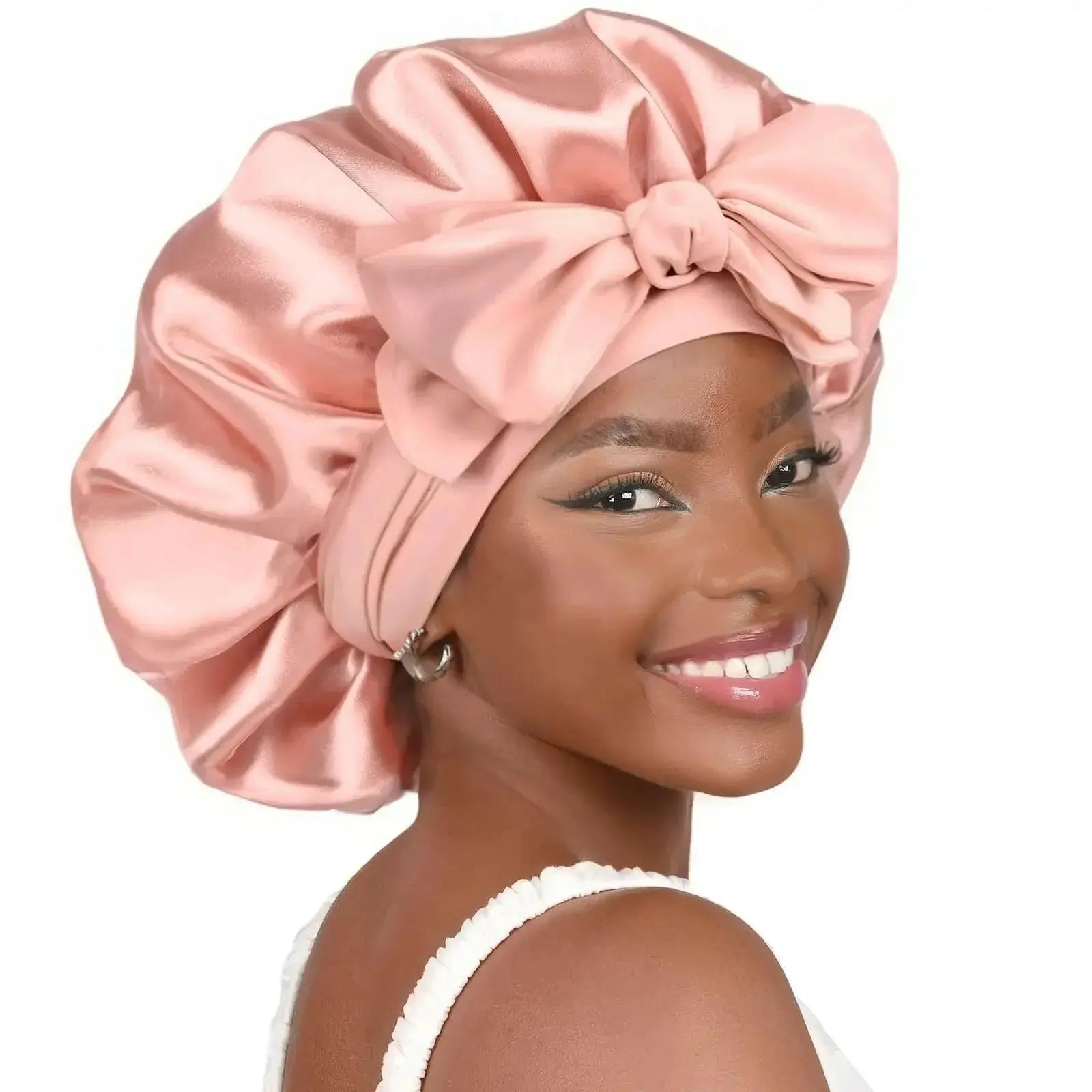 Double-layer satin ribbon hair bonnet by Plush Fashion Hub, round satin sleep cap with bow for hair protection and gentle overnight wear.