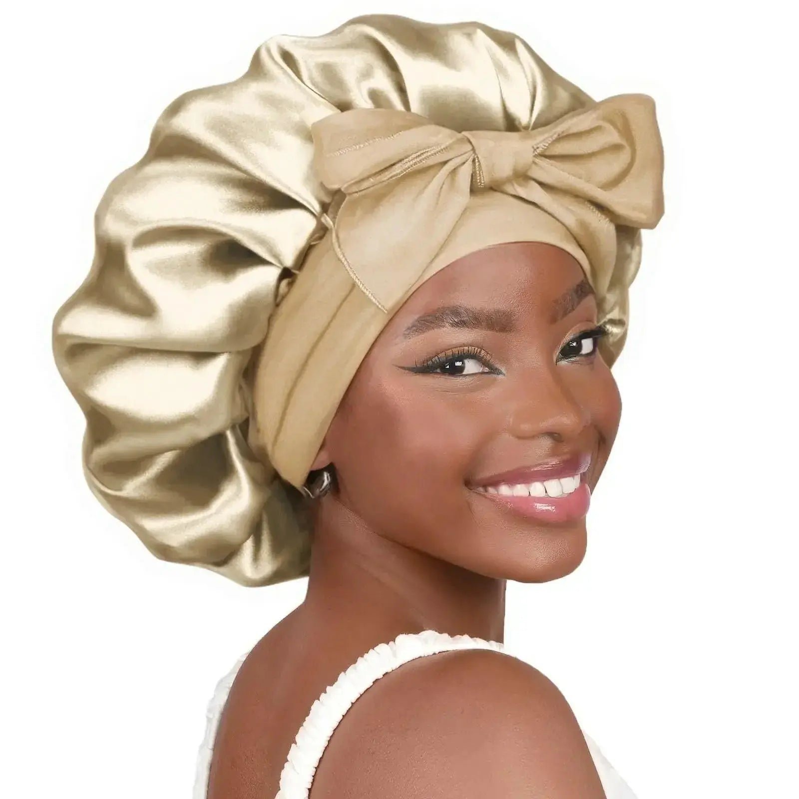 Double-layer satin ribbon hair bonnet from Plush Fashion Hub, designed for gentle hair protection during sleep.