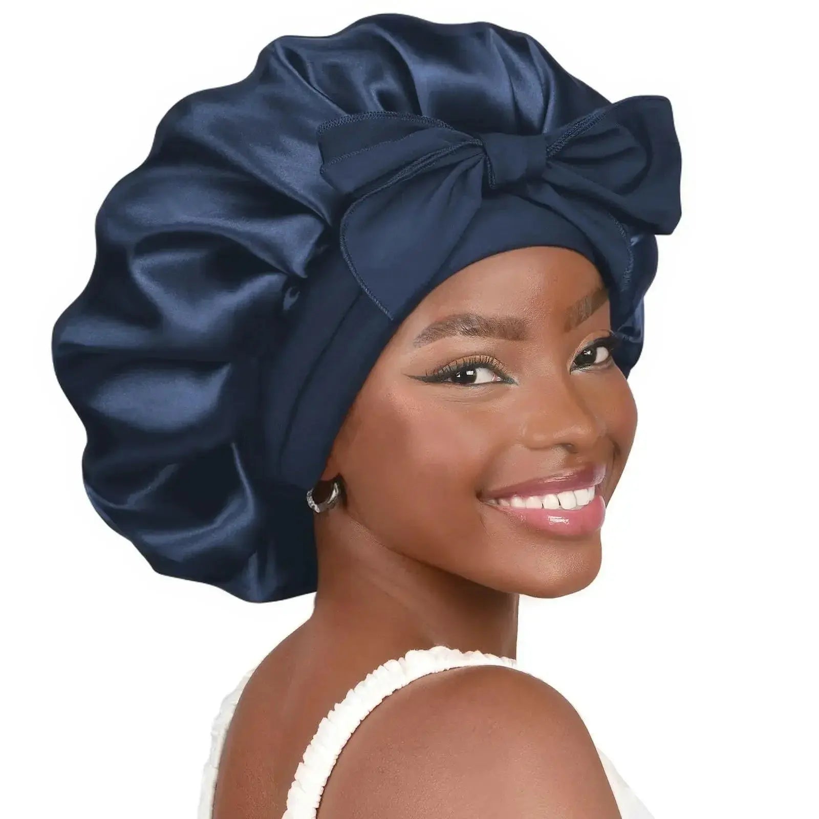 Double-layer satin ribbon hair bonnet from Plush Fashion Hub, designed for hair protection and gentle sleep cap use.