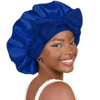 Double-layer satin ribbon hair bonnet by Plush Fashion Hub, round sleep cap with bow for hair protection and care.