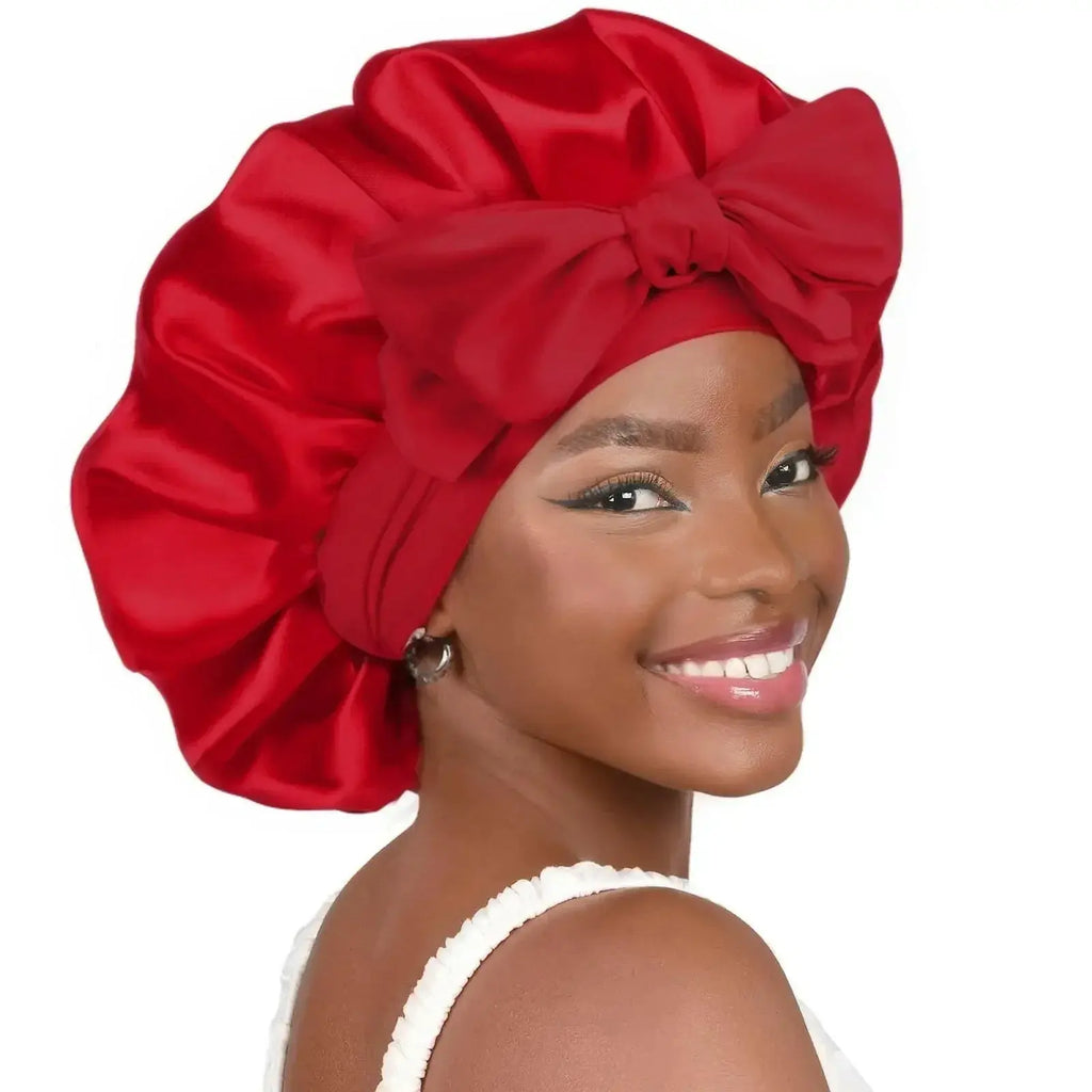 Double-layer satin ribbon hair bonnet by Plush Fashion Hub, round sleep cap for hair protection and gentle hair care.