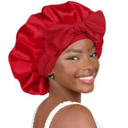 Double-layer satin ribbon hair bonnet by Plush Fashion Hub, round sleep cap for hair protection and gentle hair care.