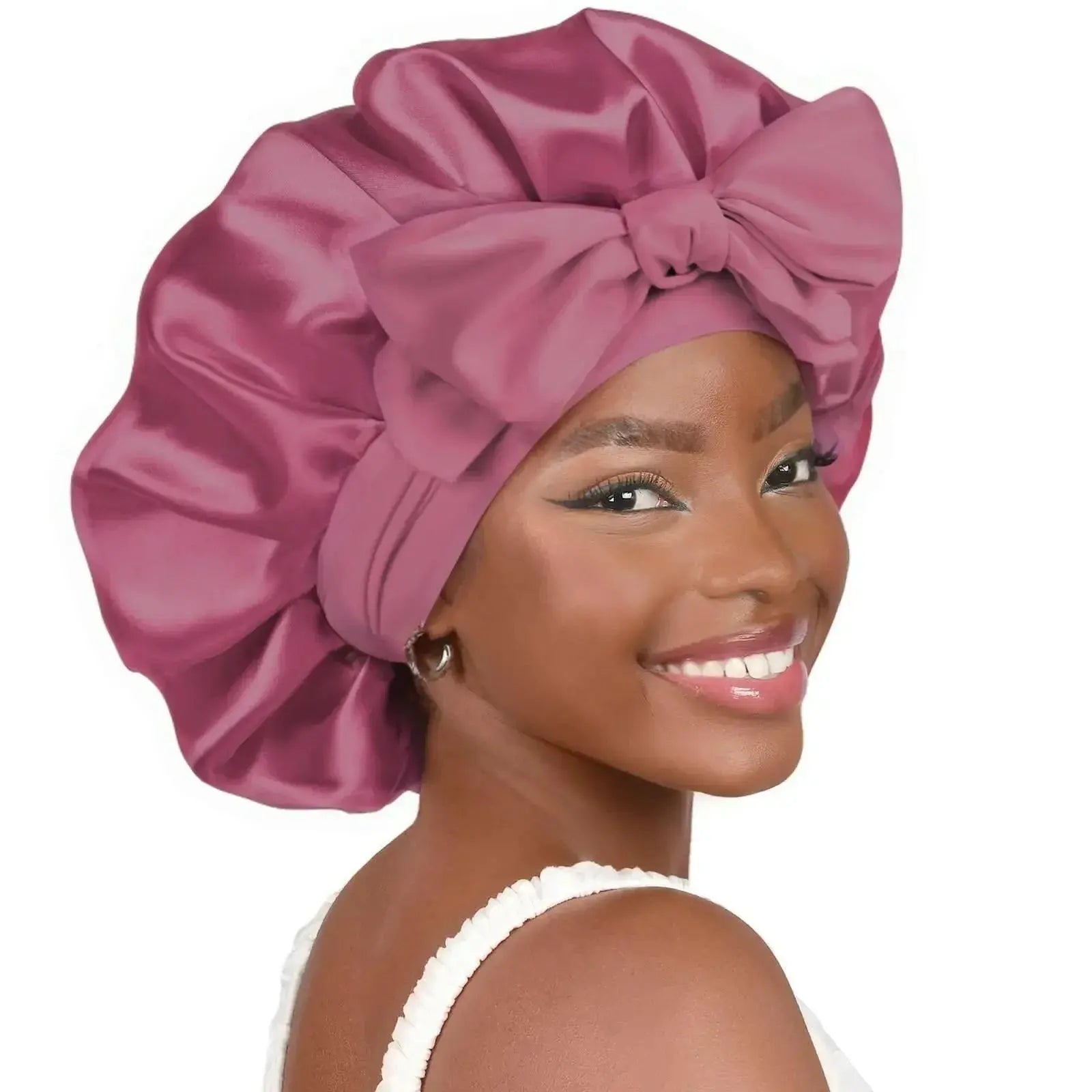 Double-layer satin ribbon hair bonnet by Plush Fashion Hub, plush sleep cap designed for hair protection and gentle styling.
