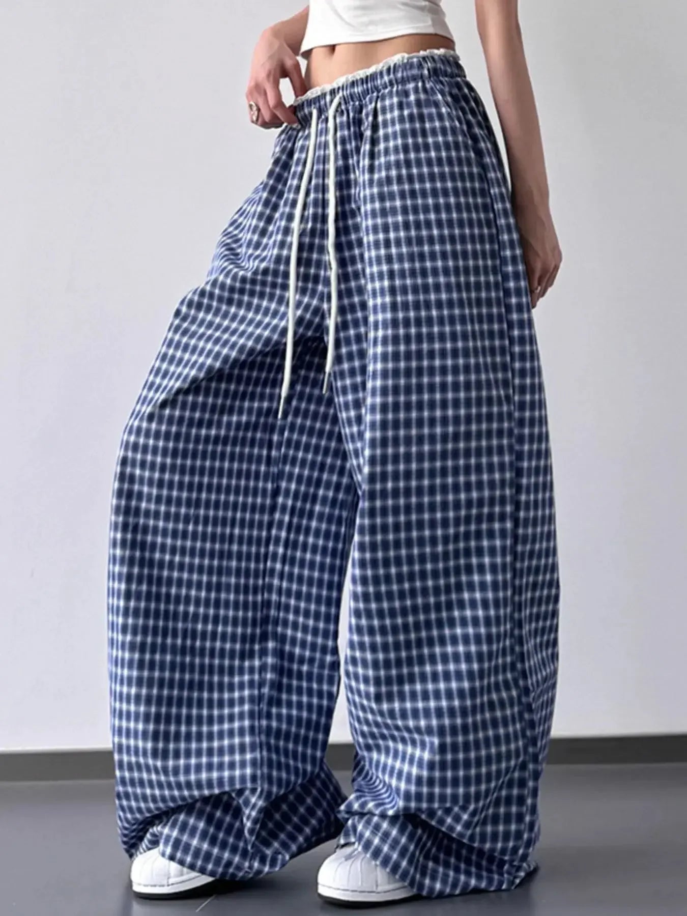 Drawstring Plaid Wide Leg Pants - Plush Fashion Hub