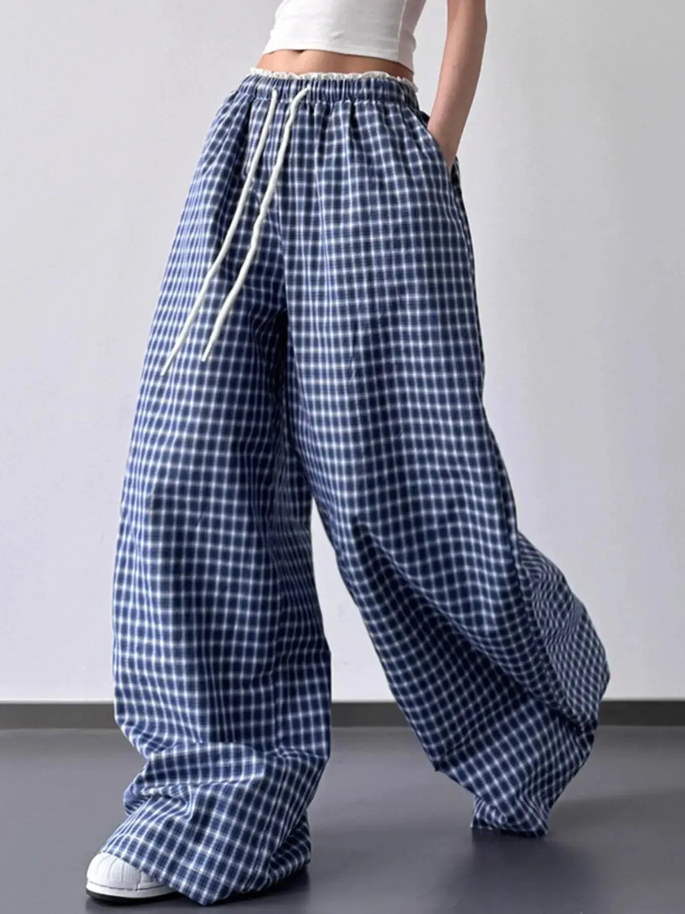 Drawstring Plaid Wide Leg Pants - Plush Fashion Hub