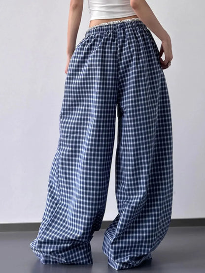Drawstring Plaid Wide Leg Pants - Plush Fashion Hub