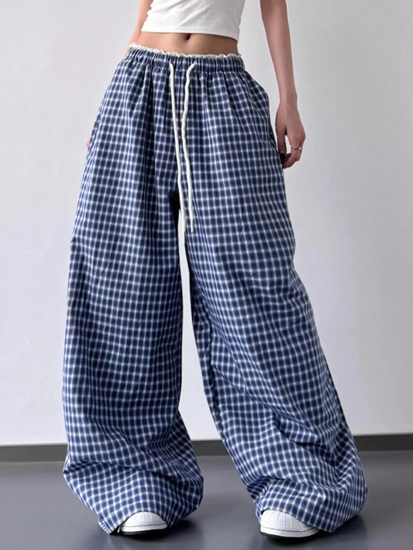 Drawstring Plaid Wide Leg Pants - Plush Fashion Hub