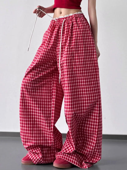 Drawstring Plaid Wide Leg Pants - Plush Fashion Hub