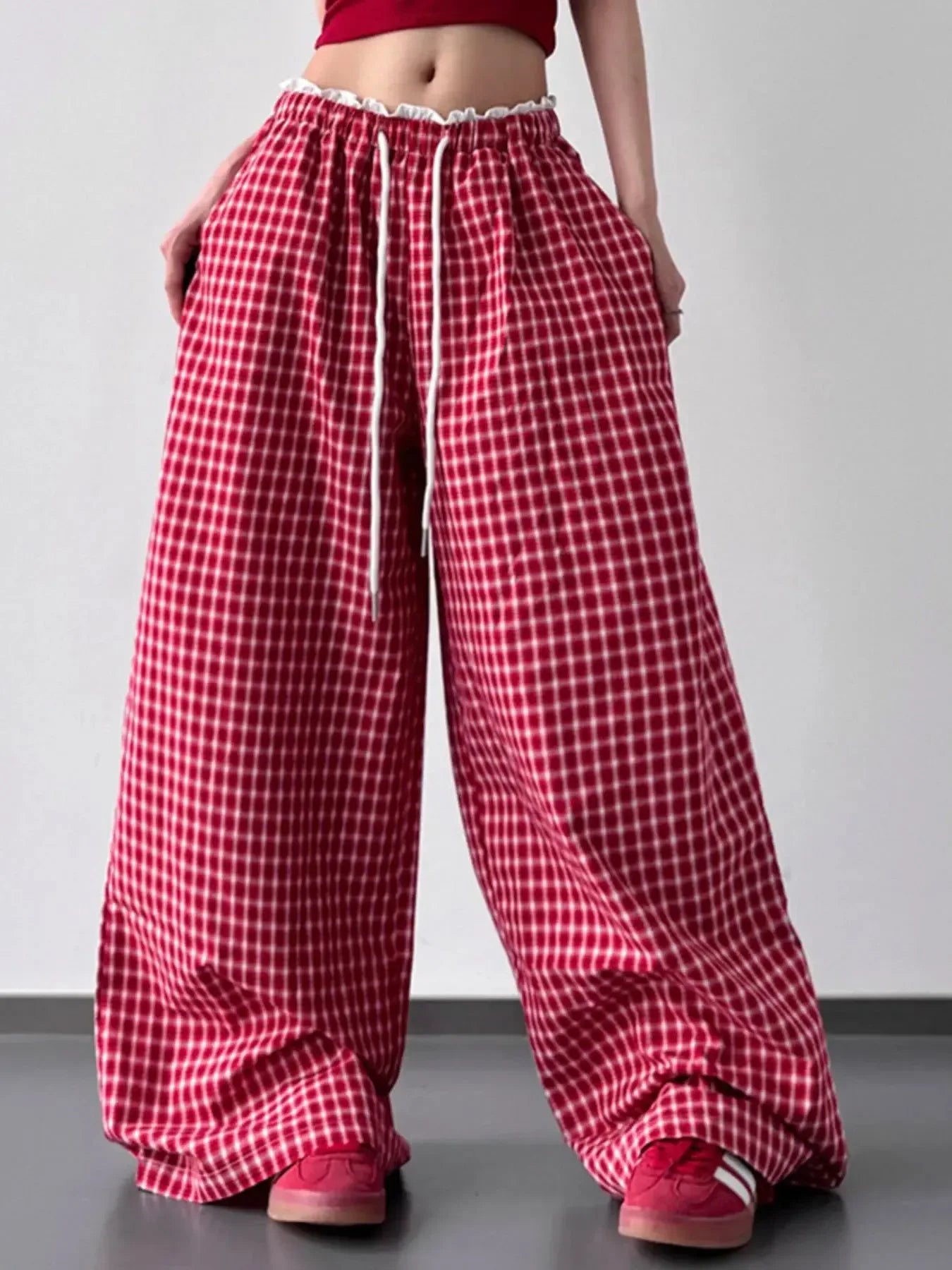 Drawstring Plaid Wide Leg Pants - Plush Fashion Hub
