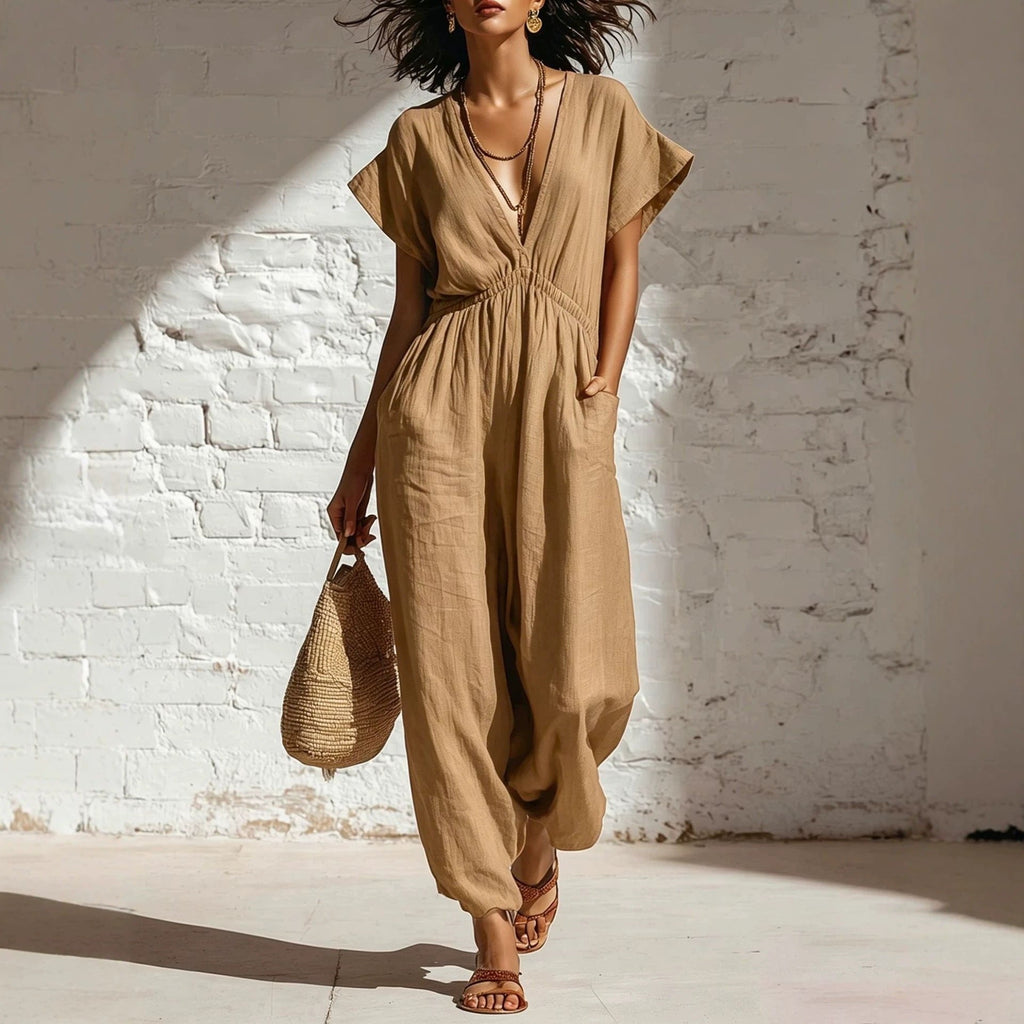 Women's deep V-neck three-quarter sleeve high waist wide-leg pants by FitiqueFit, shown in dark fabric with a relaxed fit.