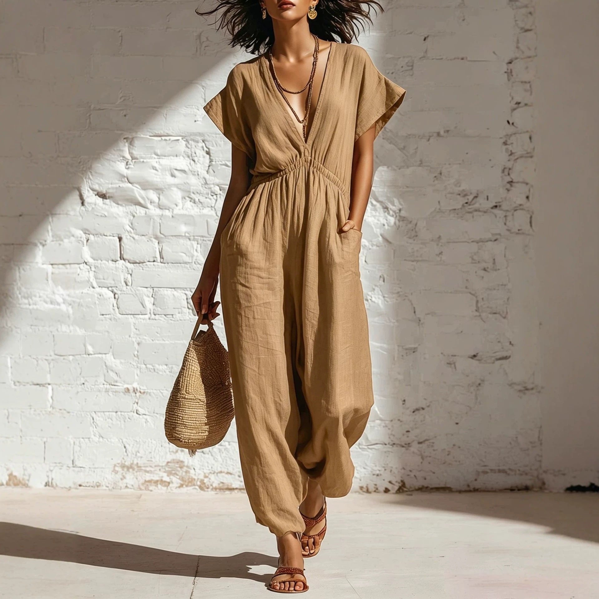 Women's deep V-neck three-quarter sleeve high waist wide-leg pants by FitiqueFit, shown in dark fabric with a relaxed fit.