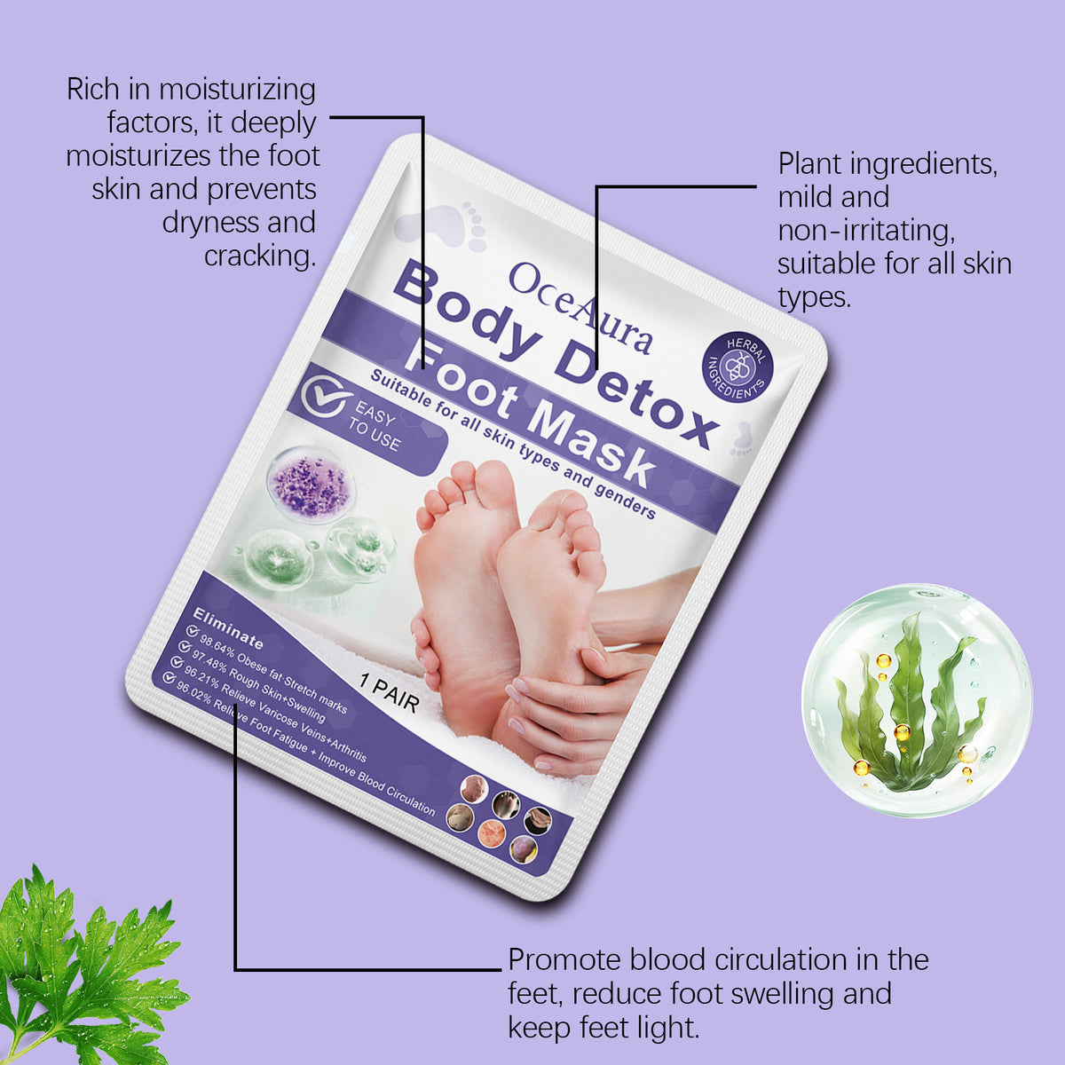 OceAura Body Detox Foot Mask packet in purple and white with feet and botanical graphics.