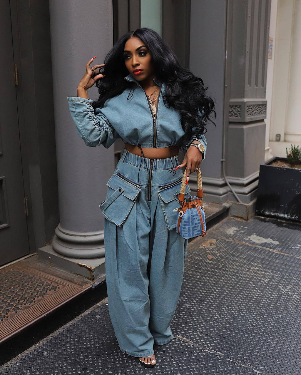Fashion Retro Short Jacket and Long Pants Workwear Wide Leg Loose Heavyweight Denim Two-Piece Set Women's Clothing