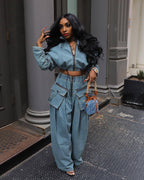 Fashion Retro Short Jacket and Long Pants Workwear Wide Leg Loose Heavyweight Denim Two-Piece Set Women's Clothing