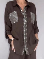 Women's sequin pocket button-up shirt and wide-leg pants set by Plush Fashion Hub, featuring shiny sequins and relaxed fit.
