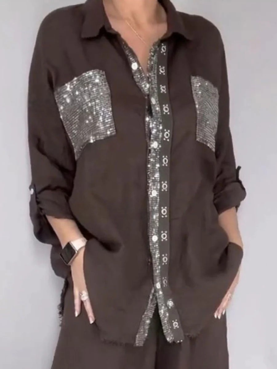 Women's sequin pocket button-up shirt and wide-leg pants set by Plush Fashion Hub, featuring shiny sequins and relaxed fit.