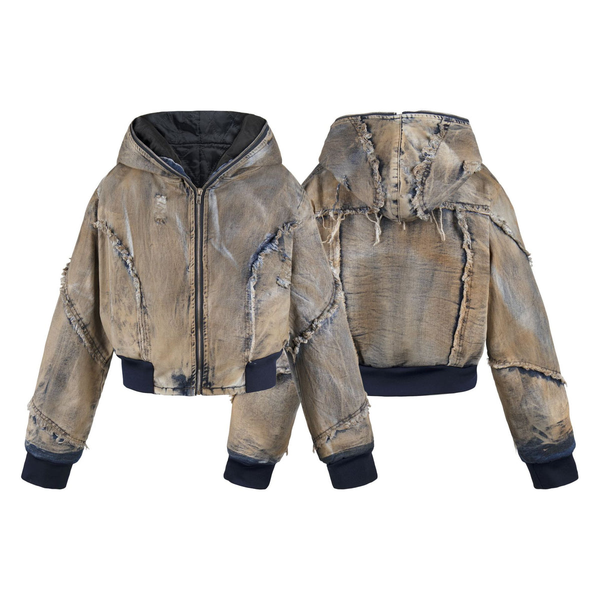 Brown distressed denim zip-up hoodie jacket with frayed seams and dark blue ribbed cuffs and hem.