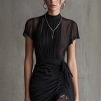 Black lace patchwork slit midi dress by FitiqueFit, slim-fit high-waist see-through dress for women, showcasing detailed lace and slit design.