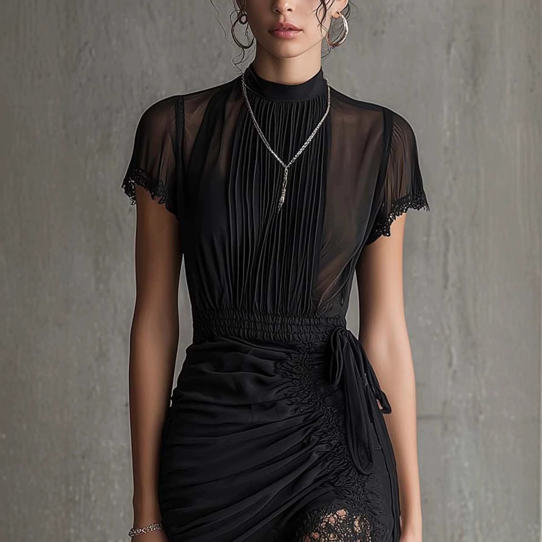 Black lace patchwork slit midi dress by FitiqueFit, slim-fit high-waist see-through dress for women, showcasing detailed lace and slit design.