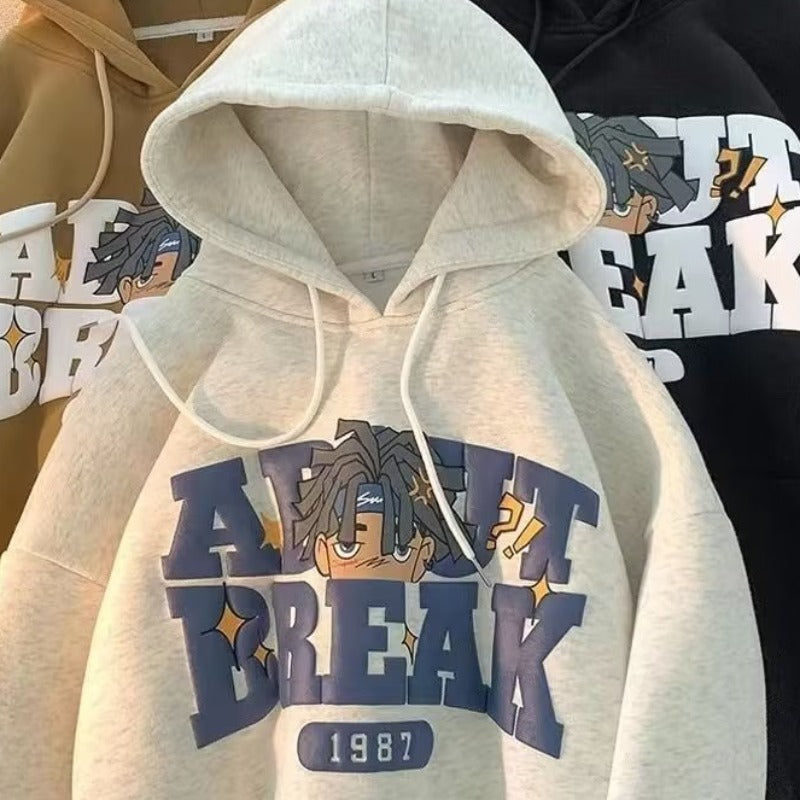 Cream fleece hoodie with drawstring hood, front pocket, and blue "ABOUT BREAK 1987" anime graphic print.