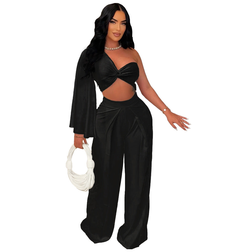 Asymmetrical Pleated One-Shoulder Top & Trouser Set