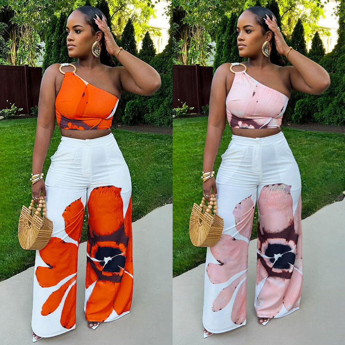 Floral one-shoulder wide-leg two-piece set with matching bottoms by eprolo, featuring vibrant floral patterns and flowing fabric.