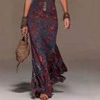 Women's Floral Print Halter Neck Deep V Lace Trim Mermaid Maxi Dress