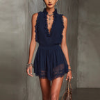 Sleeveless lace spliced V-neck mini dress by FitiqueFit featuring high waist and ruffle details for women.