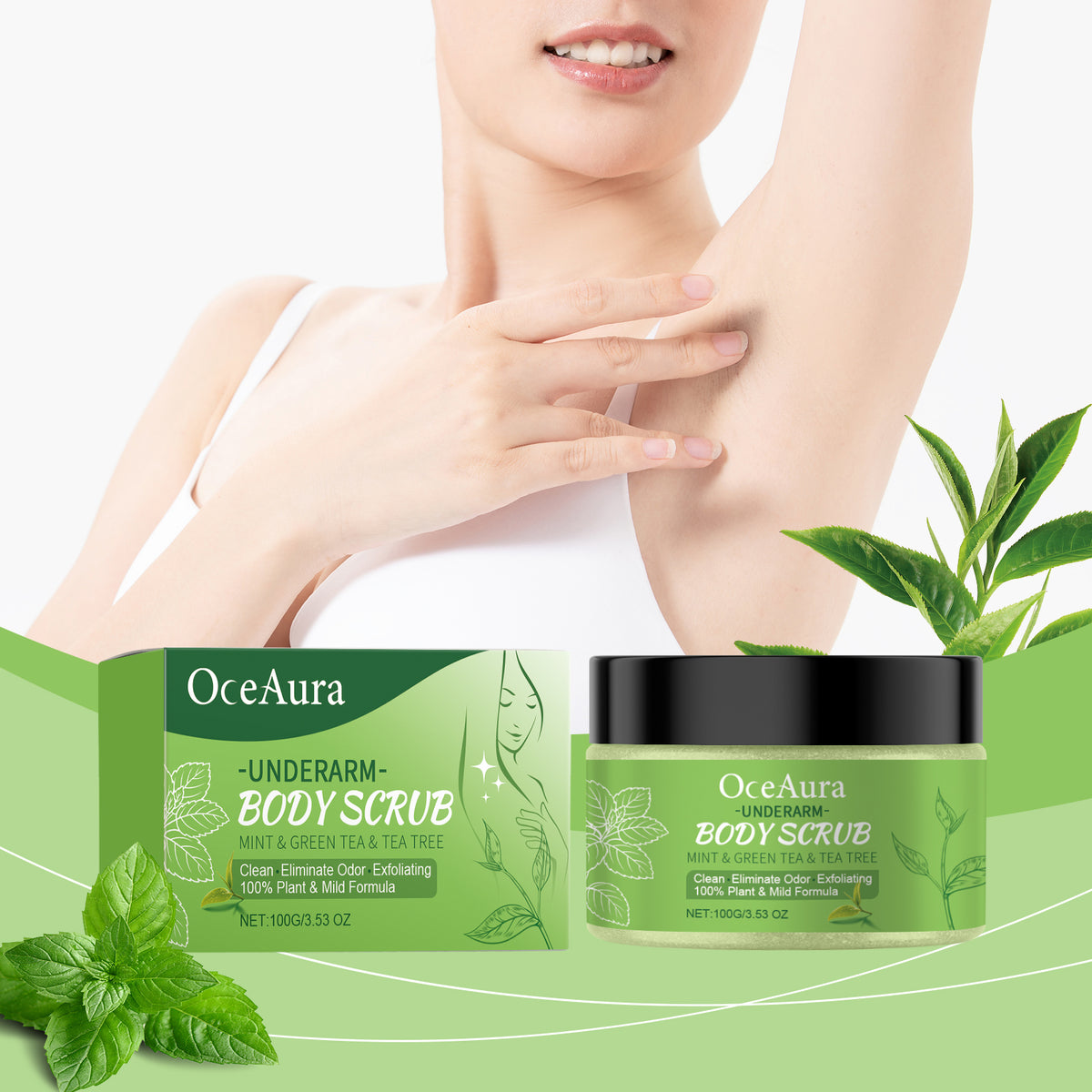 Green and white OceAura underarm body scrub jar and box with mint leaf and green tea graphics, and black lid.