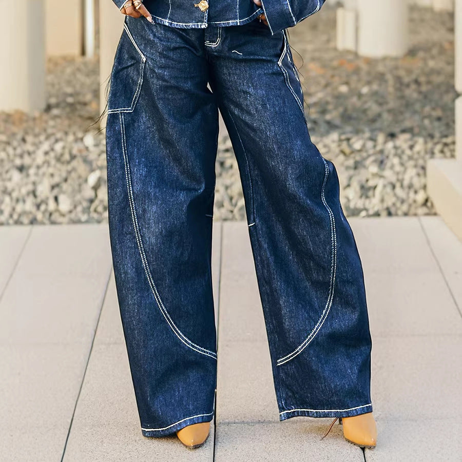 Curved Hem Stitched Denim Jeans