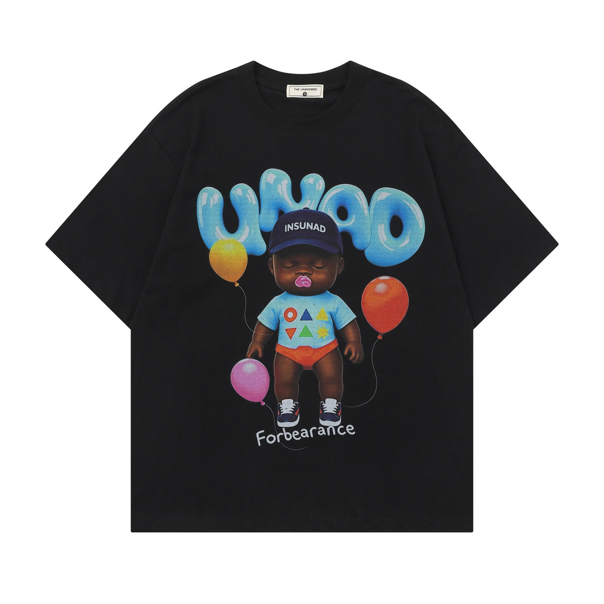 Black leather doll printed short-sleeved shirt by eprolo, featuring a casual design with a unique doll print on soft leather fabric.