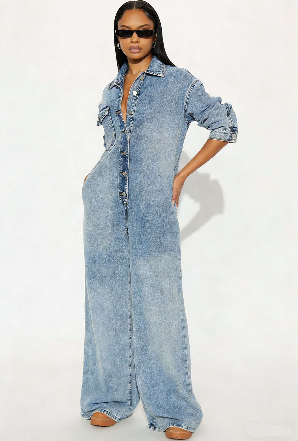 Women's Long Sleeve Button-Front Denim Jumpsuit