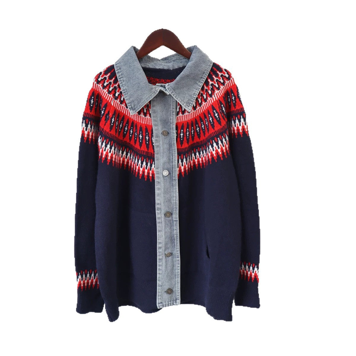 Dark blue knit cardigan with red and white Fair Isle pattern, denim collar, and front button placket.