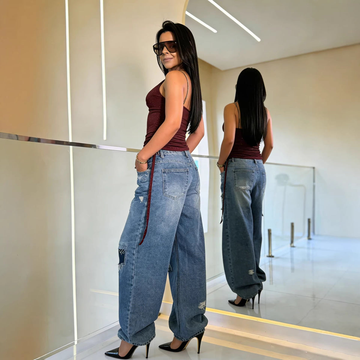 Eprolo street style distressed washed skinny jeans with patched details, slim fit denim for casual urban fashion.