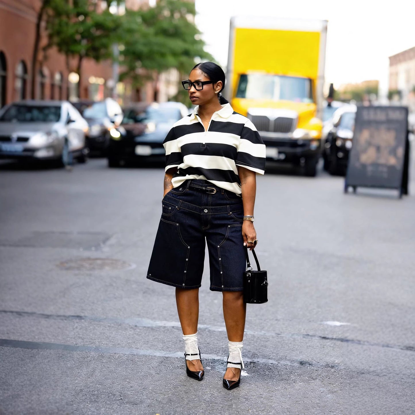 Street style double waistband studded denim two-piece set from Plush Fashion Hub, showcasing trendy high-waisted jeans and matching top.