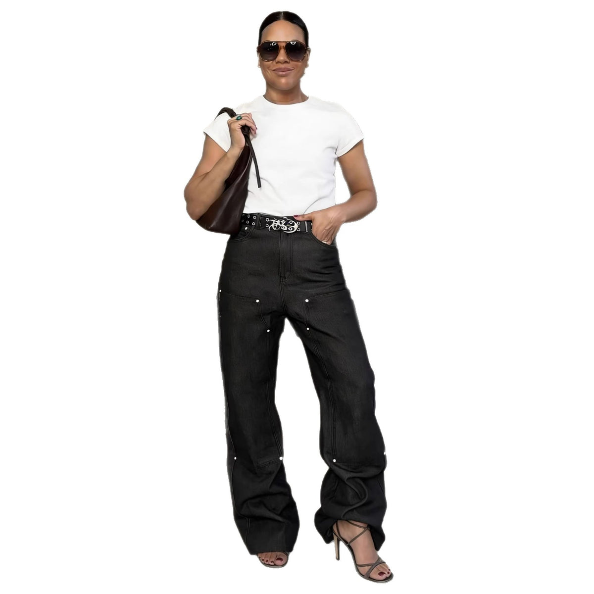 Eprolo street style washed denim pants with stud panel detailing and straight-leg design, casual and trendy for everyday wear.