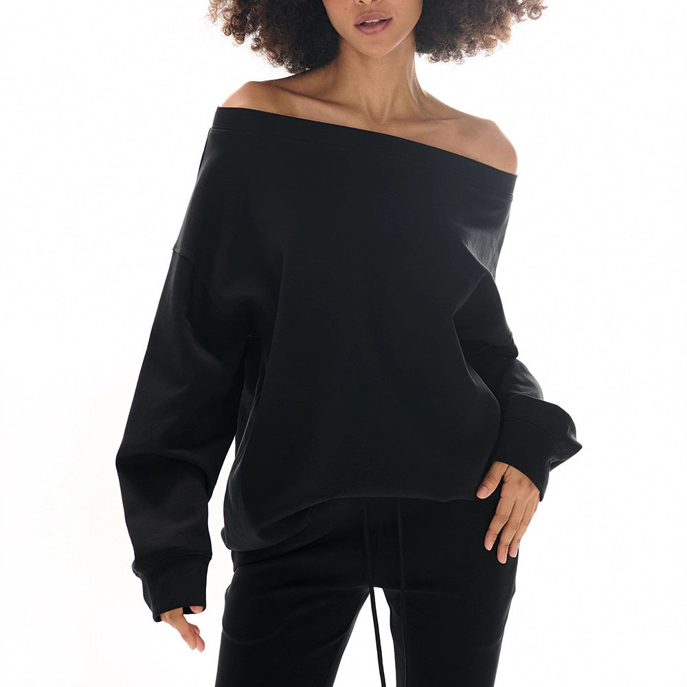 Shoulder Cut-Out Crop Top with Long Sleeve Matched with Flared Leg Wide-Leg Sweatpants