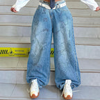 Graffiti Print Washed Denim Jeans