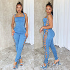 Fashionable Women's Belted Jumpsuit with Side Drawstring Denim Overalls