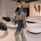 Women's Denim Set Street Dye Long Sleeve Top Fringe Jeans Pants